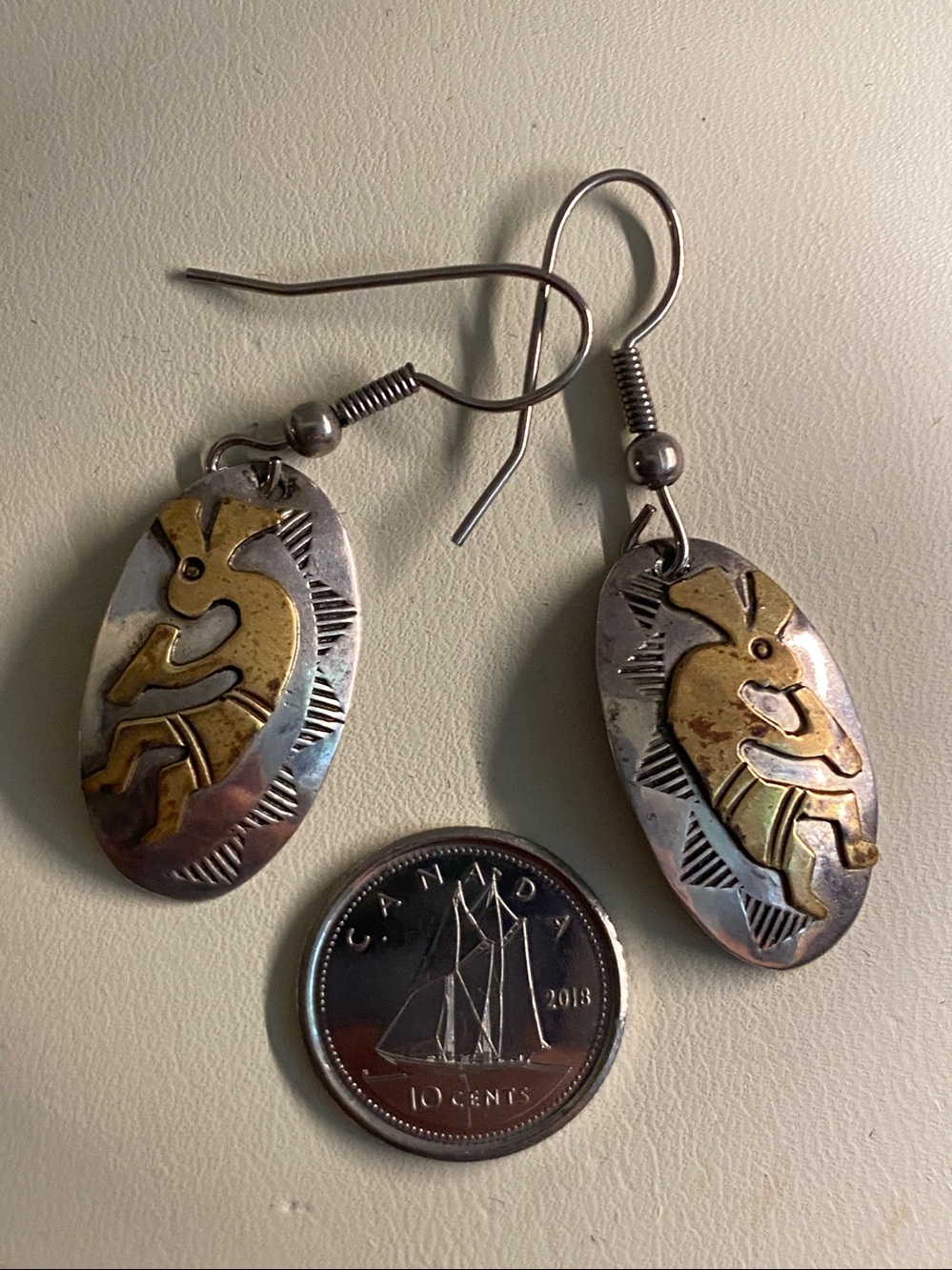 Signed T Native American Sterling & 12K GF Kokopelli Earrings